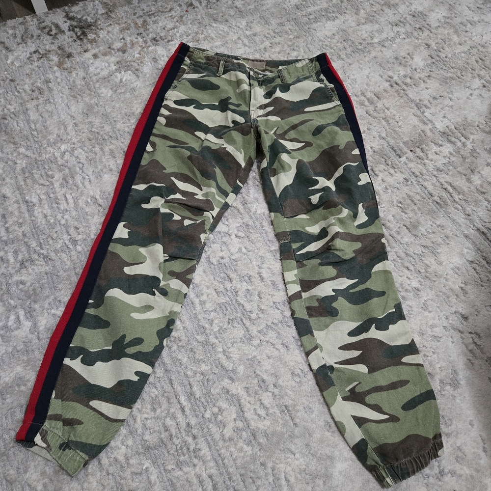 MOTHER Camo Ankle Cargo Pants with Red & Navy Side Stripe